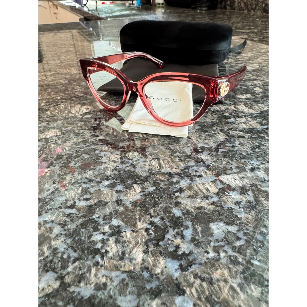 Gucci‎ GG1598O Pink Burgundy Cat Eye Optical Glasses Frames Gold Interlocking GG